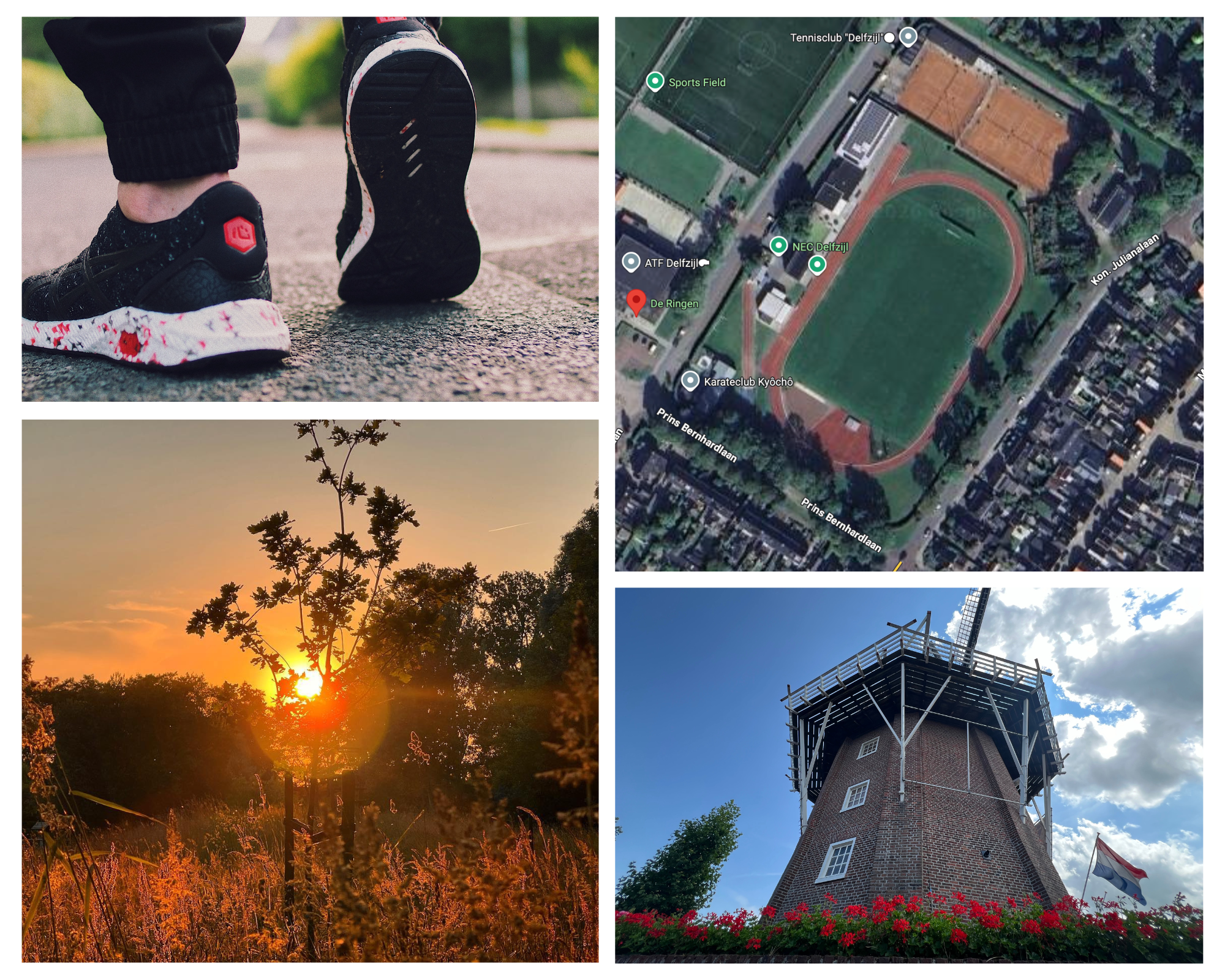 Collage met wandelroute, kaart en molen